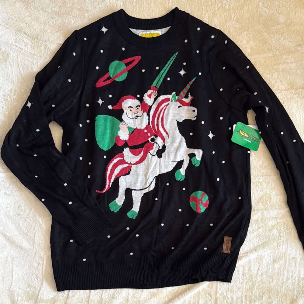 Tipsy Elves Black and Red Crewneck Sweater with Santa Unicorn Design